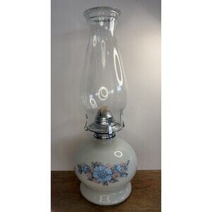 Vintage Lamplight Farms Pearly White Glass With Blue Floral Oil Lamp 14.75" New